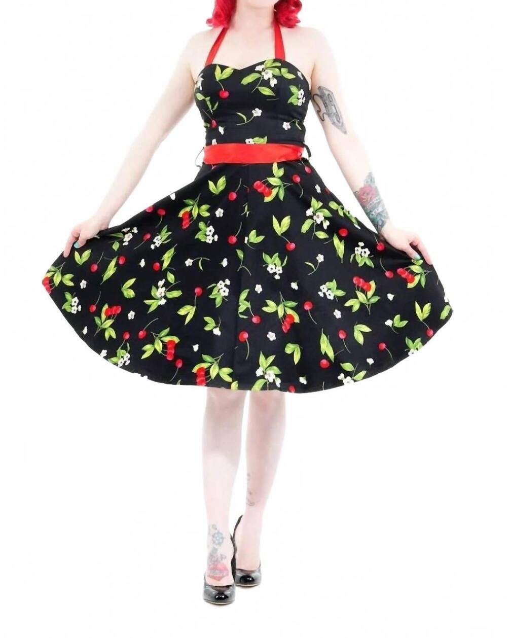 NEW HEARTS & ROSES cherry blossom halter swing dress in black